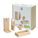 PlanToys® Bathroom Classic Set for Montessori Inspired Home and Small World Play | Practical Life, Social Skills and Imaginative Scene Building | Eco Friendly Wooden Dollhouse Bathroom Furniture