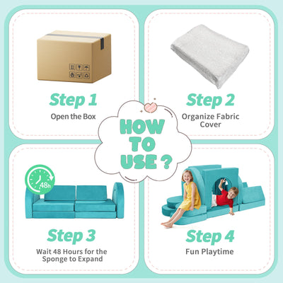 FURNAWAY 12pcs Modular Kids Play Couch - DIY Creativing Kids Couch for Boys and Girls Toddler Sofa Children Convertible Foam Sofa for Playroom Living Room(Cyan)