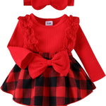 Baby Girl Clothes Fall Winter Outfit Plaid Romper Long Sleeve Dress Lace Ruffles Bodysuit with Bow Headband