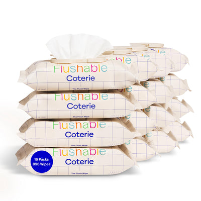 Multiple packages of Flushable Coterie wipes stacked on a white background