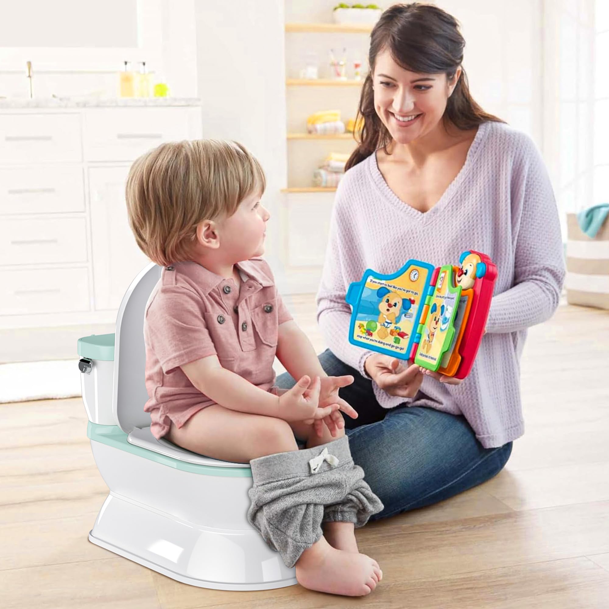 CheerTry 2-in-1 Toddler Potty Training Toilet - Larger Potty Chair & Detachable Training Seat for Boys & Girls Ages 1-3 with Flushing Sound, Wipes Storage, Toilet Paper Holder - Cyan