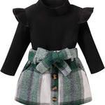 fhutpw Baby Toddler Girl Outfits Fall Winter Clothes Turtleneck Knitted Cotton Long Sleeves Tops & Button Mini Skirts Set
