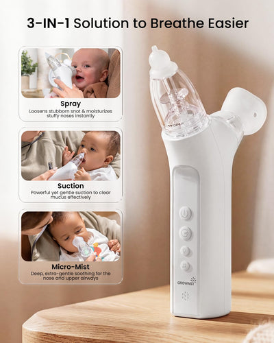GROWNSY SniffEase Spa 3-in-1 Nasal Aspirator for Baby – Spray, Suction & Mist, Hospital-Grade Powerful Electric Nose Suction with Soothing Light & Music, Larger Chamber (Grey)