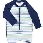 RUGGEDBUTTS Baby/Toddler Boy Swimsuit, One Piece Zipper Rash Guard Sunsuit with UPF 50+ Sun Protection - Coastal Stripes, 6-12m