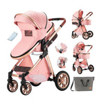 2-in-1 Baby Stroller High Landscape Pram Convertible Carriage with Reversible Bassinet for 0-36 Months,Pink