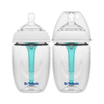 Two Dr. Brown's baby bottles with a white cap and blue accents on a white background.
