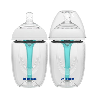 Two Dr. Brown's baby bottles with a white cap and blue accents on a white background.