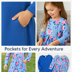 PATPAT Toddler Girl 2-Pack Long Sleeve A-line Dress Set School Days & Special Events, Deep Blue Camellia, 3 Years