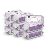 Multiple packages of sensitive wipes with purple and white design on a white background