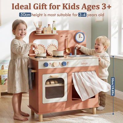 Lehoo Castle Kids Play Kitchen for Toddlers 1-3, Wooden Kitchen Playset Small, Pretend Play Kitchen Toys with Play Food Pots and Pans Accessories