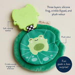 Itzy Ritzy Crinkle Teether Toy – Silicone Frog Teething Toy with Crinkly Lilypad & Plush Velour Layer – Features Multiple Textures for Teething Relief – Designed for Ages 3 Months and Up (Frog)