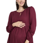 Motherhood Maternity Women’s Long Sleeve Empire Waist Keyhole Woven Pregnancy Blouse, Zinfandel, Small