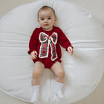 Baby Girl Christmas Outfit Velvet Bow Smocked Bubble Romper Ruffle Onesie Bodysuit Infant Fall Winter Clothes