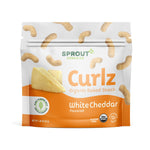Packaging of Sprout Organics Curlz White Cheddar flavored organic baked snack on a white background