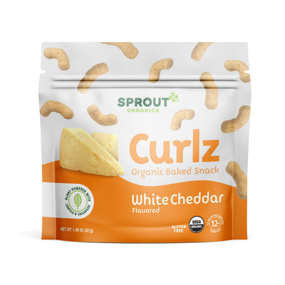 Packaging of Sprout Organics Curlz White Cheddar flavored organic baked snack on a white background