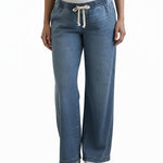 Motherhood Maternity Women's Under The Belly Tie Waist Relaxed Wide Leg Pregnancy Denim Pants, Hansel Wash, Medium