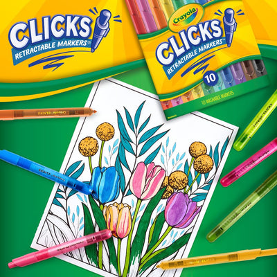 Crayola Clicks Retractable Tip Markers (10ct), Washable Cone Tip Art Marker Set, School Classroom & Craft Supplies for Coloring Books, Ages 3+