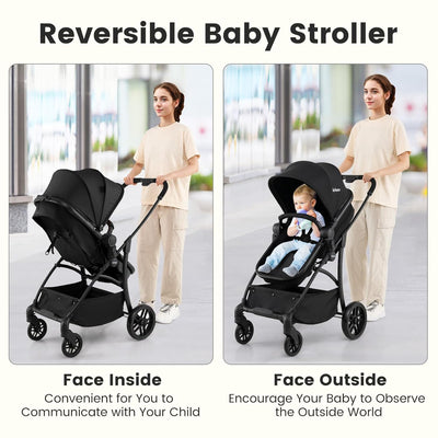 INFANS 2 in 1 Baby Stroller, Convertible Stroller with Bassinet Reversible Seat Adjustable Backrest Canopy One Hand Fold, Compact Toddler Pushchair for Kids Infants Newborns 0-36 Months (Black)