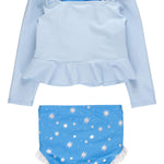 RuffleButts Girls UPF50+ Princess Dress-Up Long Sleeve Rash Guard 2-Piece Swimsuit - Crystal Blue Princess, 2T