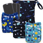 Set of three reusable bags with space-themed designs on a white background