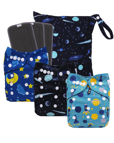 Set of three reusable bags with space-themed designs on a white background