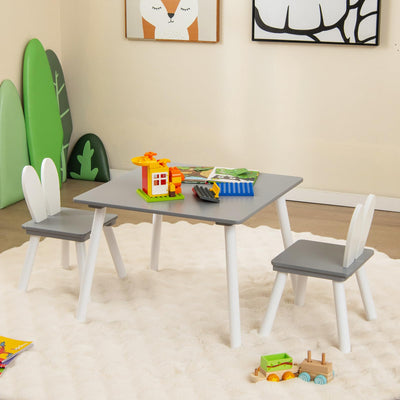 Costzon Kids Table and Chair Set, 3 Pieces Wooden Activity Table & 2 Rabbit Shaped Chairs with Solid Wood Legs, Space-Saving Design, Toddler Table and Chairs for Children Playroom Kindergarten (Gray)