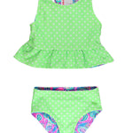RuffleButts Baby/Toddler Girls UPF50+ Sun Protected Reversible Peplum 2 Piece Sleeveless Tankini - Neon Paisley Pop, 2T