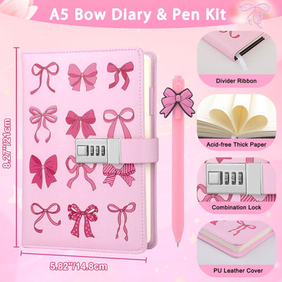 Puchod Diary with Lock for Girls, Gifts for Girl 8 9 10 11 12 13 14 15+ Year Old, Pink Bow Code Secret Diary Girls Journal Notebook with Pen Pink Coquette School Supplies Gifts for Kids Teen Girl