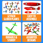 Bedwina Glider Planes Bulk 12-Pack 8-Inch Bomber Airplane Gliders for Kids, Foam Paper Airplane Kit For Birthday, Goodie Bag Stuffers Party Favors For Kids Great Paper Airplanes For Outdoor Flying Toy