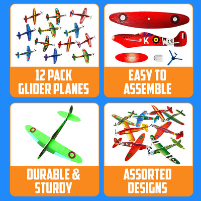 Bedwina Glider Planes Bulk 12-Pack 8-Inch Bomber Airplane Gliders for Kids, Foam Paper Airplane Kit For Birthday, Goodie Bag Stuffers Party Favors For Kids Great Paper Airplanes For Outdoor Flying Toy