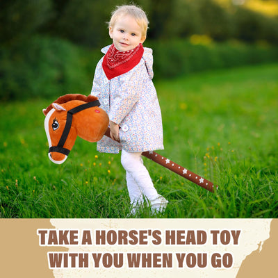 Poen 4 Pack Light Brown Horse Stick with Sound Red Bandana Set 27.6'' Toys Stick Horse Western Cowboy Bandana Head with Neighing Sound for Boys Girls Fun Pretend Games Son Daughter(Brown and Red)
