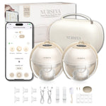 Nurseva smart breast pump set with packaging, phone app, and accessories on a white background