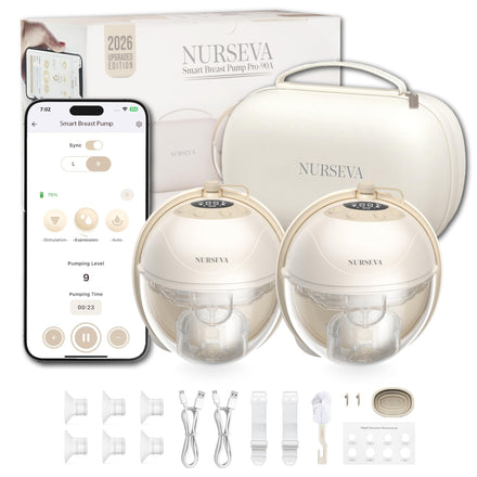 Nurseva smart breast pump set with packaging, phone app, and accessories on a white background