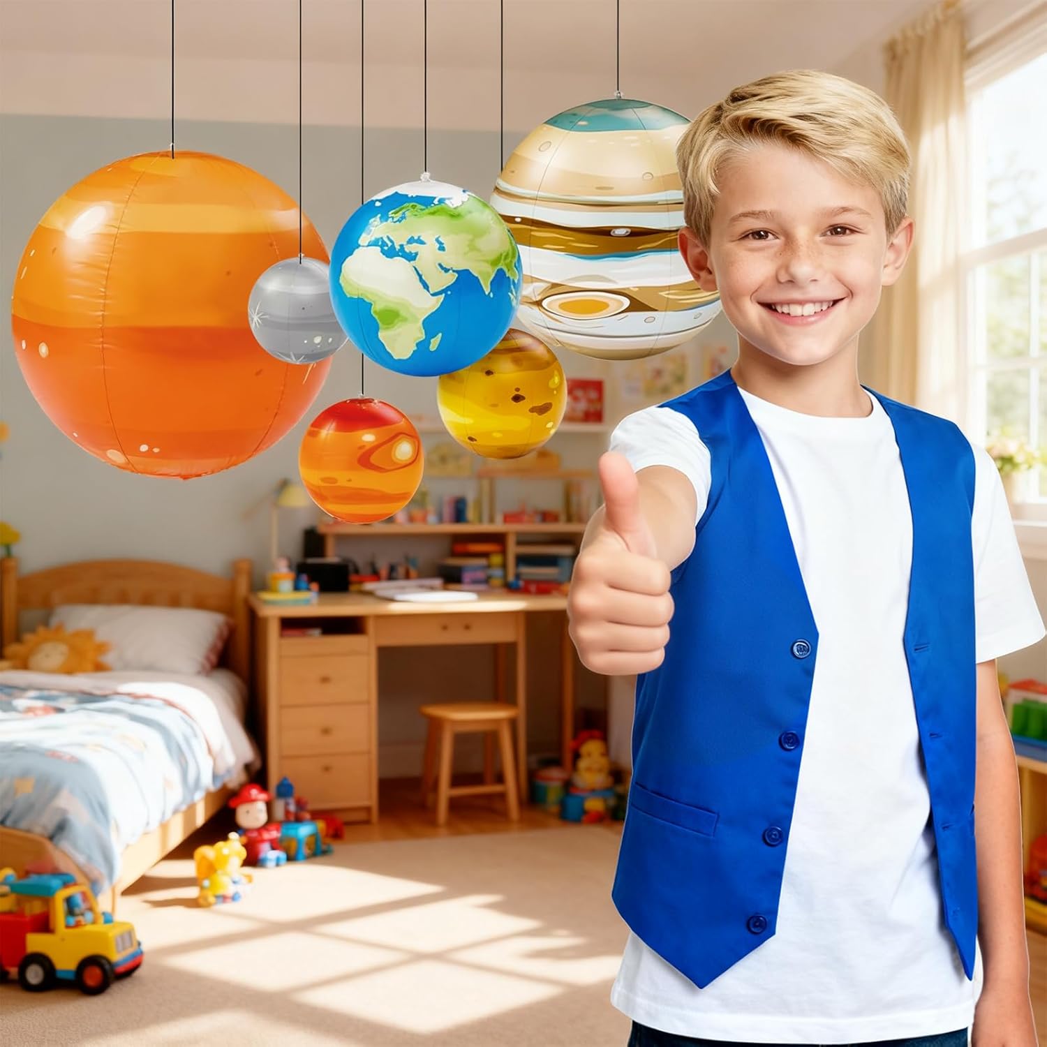Inflatable Solar System Planets for Kids - 9 Giant Hanging Planets for Science Classroom Ceiling & Boys Room Decor, Space Themed Party Decorations Supplies with Pump, Astronomy Gifts for Ages 6-12