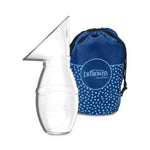 Clear baby bottle shield with blue Dr. Brown's bag on a white background