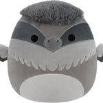 Plush toy resembling a bird with gray and black color scheme on a white background