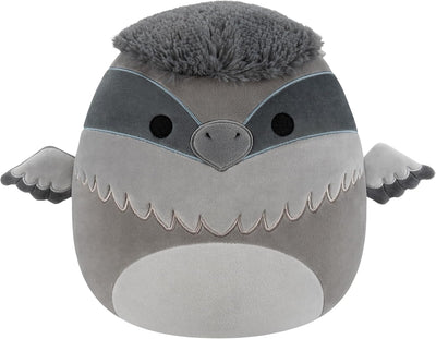 Plush toy resembling a bird with gray and black color scheme on a white background