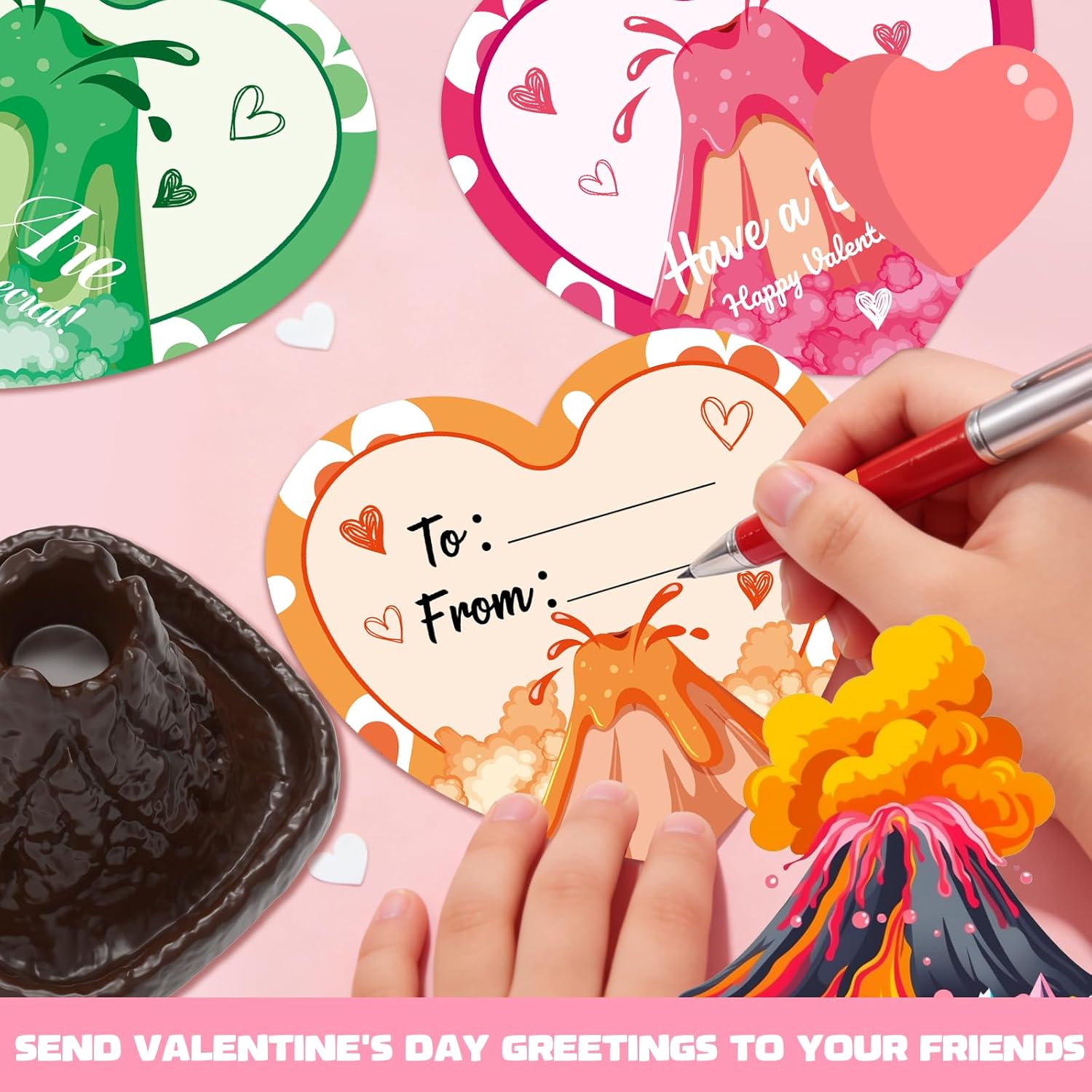 Valentines Day Large Volcano Science Kit - 24 Pack Valentines Day Gift Cards for Kids, Volcano Erupting Experiment Toys STEM Educational Toys for Classroom Exchange School Activities Party Favors