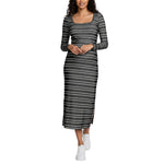 Motherhood Maternity Women's Long Sleeve Ribbed Square Neck Bodycon Casual Pregnancy Dress, Black/White Double Stripe, Large