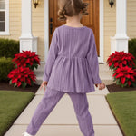 Kucnuzki 3T 4T Little Girls Clothes Two Piece Outfits Long Sleeve Purple Shirt Baby Girl Sweatshirt Peplum Top Plain Knit Casual Leggings Pants Toddler Outfit