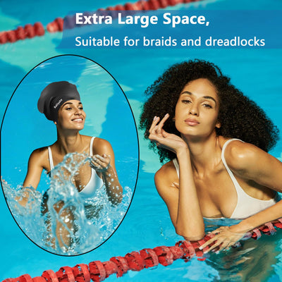 3 Pack Extra Large Swim Cap for Braids & Dreadlocks - Waterproof Silicone Swim Hat for Women & Men with Long Thick Hair, Protective Swim Cap Cover Ears for Swimming, Shower, Bathing