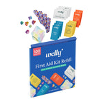 Welly First Aid Kit Refill Carton | Includes Individual Bandages, Cleansing Wipes, Antibiotic Packets, Burn Gel, Hydrocortisone Cream, and Bug Bite Relief Patches | 100 ct