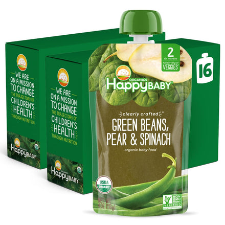 Happy Baby organic baby food pouch with green beans, pear, and spinach on a white background