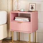 Masupu Nightstand with Charging Station,Mid-Century Modern Bedside Table with Storage Drawer and Open Wood Shelf,Small Gold Frame Side Table for Bedroom,Living Room (Pink)