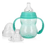 Teal baby bottle with handles and accessories on a white background