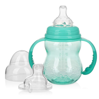 Teal baby bottle with handles and accessories on a white background
