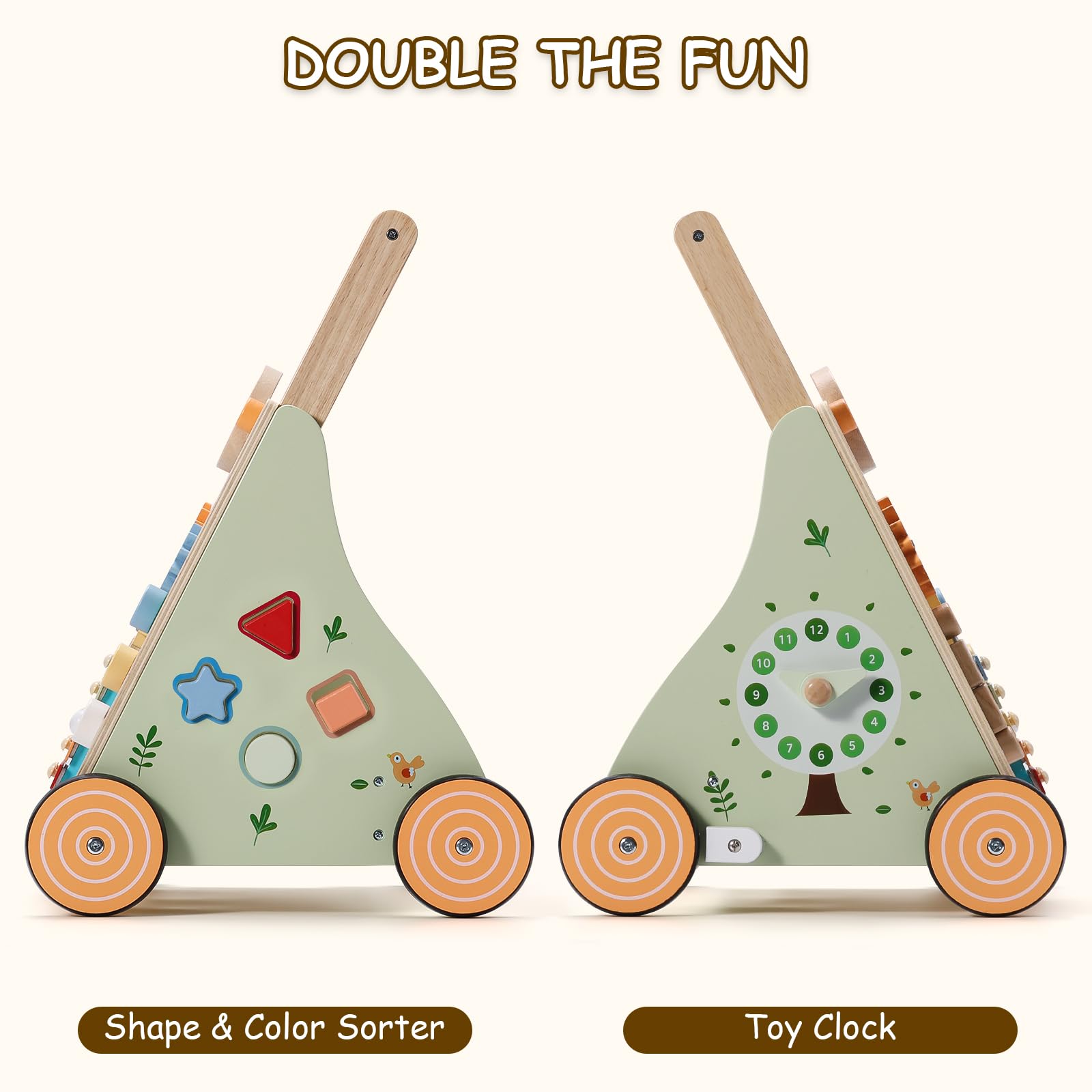 SainSmart Jr. Wooden Baby Walker, Adjustable Height and Speed Baby Push Walker, Montessori Activity Center for 6-12 Months, Push Walking Toys for 1 Year Old Boys Girls Learning to Walk, Animal Theme