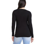 Motherhood Maternity Women's Long Sleeve V-Neck Side Ruched Henley Pregnancy Tee Shirt, Black, Small