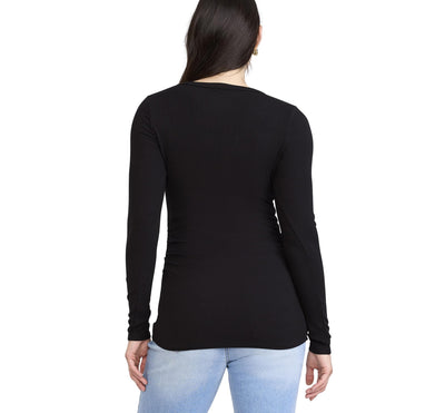 Motherhood Maternity Women's Long Sleeve V-Neck Side Ruched Henley Pregnancy Tee Shirt, Black, Small