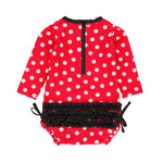 RuffleButts Baby Girls UPF 50+ Sun Protection Polka Dot Long Sleeve One Piece Rash Guard Swimsuit with Zipper - Red Vintage Polka, 3T